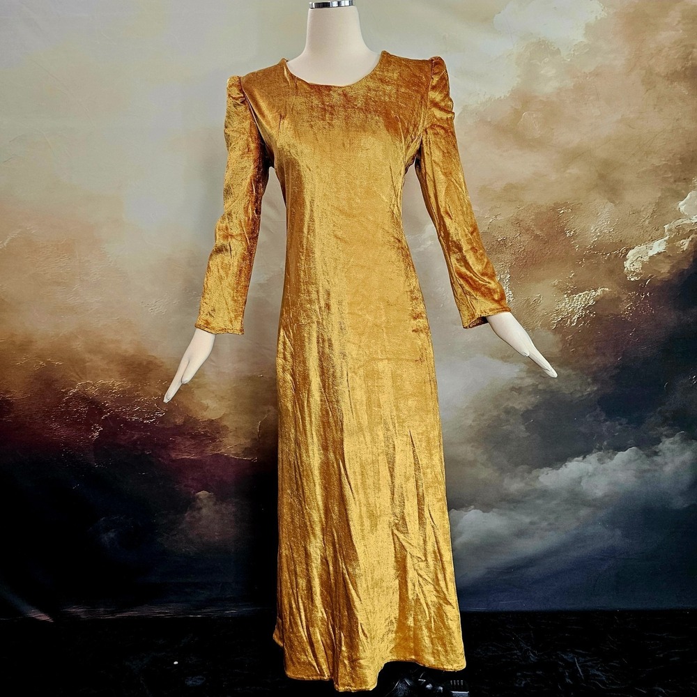 Vintage 1970s Dress Maxi Floor Length Golden Yellow Velvet Puff Sleeve Formal